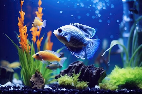 A couple of fish swimming gracefully in a fish tank. Ideal for aquarium enthusiasts or educational materials about marine life