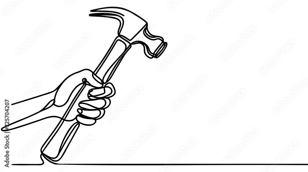 Poster continuous single one line drawing of hammer construction handyman tool and judge law vector illustr