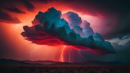 Gewitter Sturm mit roten Blitzen - obrazy, fototapety, plakaty