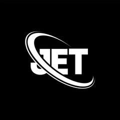 JET logo. JET letter. JET letter logo design. Initials JET logo linked with circle and uppercase monogram logo. JET typography for technology, business and real estate brand.
