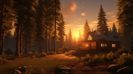 View of a cottage house on the edge of a quiet lake in a pine forest, in the morning light. - obrazy, fototapety, plakaty