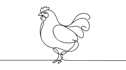 Hen in continuous line art drawing style. Chicken minimalist black linear design isolated on white background.