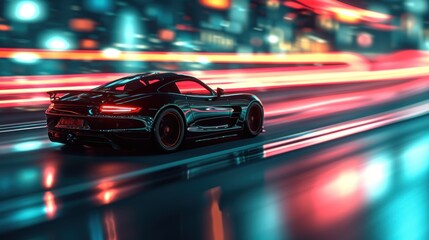 Speeding Sports Car in Neon Lights