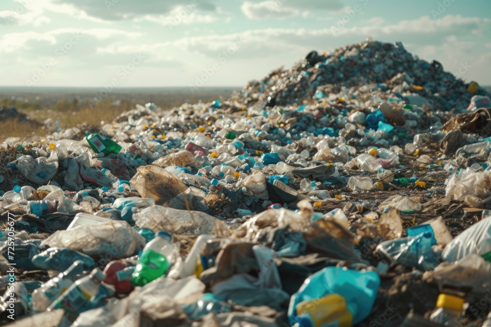 Poster A pile of garbage sitting on top of a field. Suitable for environmental and pollution-related concepts