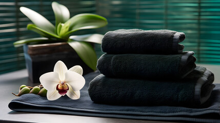 Calm spa atmosphere with curled dark towels and orchid flowers on a green blurred background. The beauty of spa procedures and the concept of relaxation.