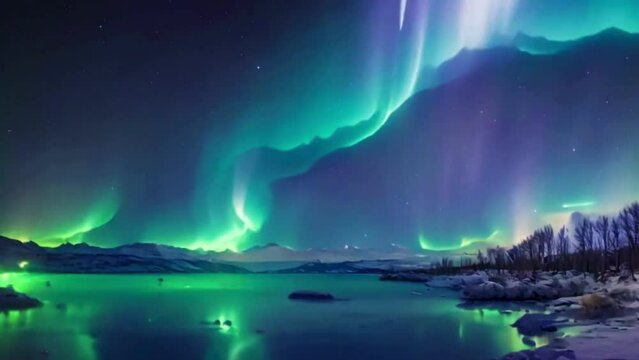 northern lights dancing in the sky, aurora borealis reflection on the lake