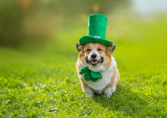 cute portrait funny Corgi dog puppy in a green leprechaun hat and bow tie in honor of St. Patrick sits on the grass