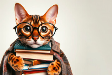 Photo funny smiling bengal cat school with glasses hold books on solid white background. ai generative
