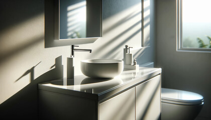 empty white vanity counter with a ceramic washbasin and a modern style faucet in a bathroom