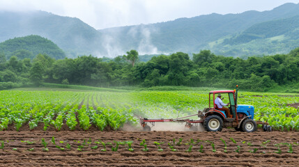Obraz premium The tractor drives across a large field, laying special beds for sowing seeds in the cleaned soil.