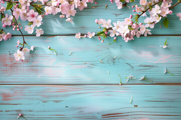 Spring border or background art with pink blossom. Beautiful nature scene with blooming tree and wood backdrop in pink and teal colour. Easter concept by Vita - obrazy, fototapety, plakaty