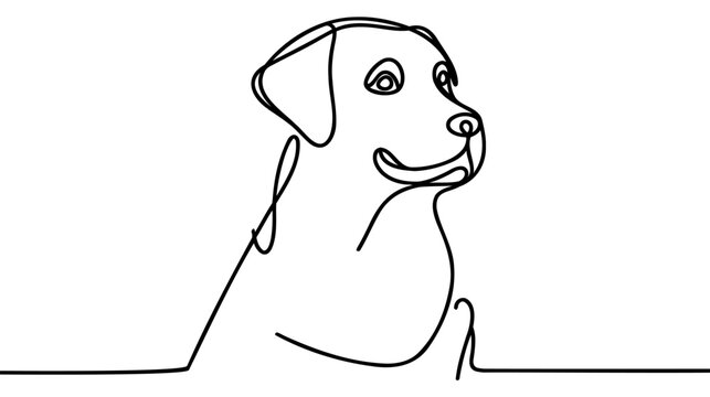 Running dog in continuous line art drawing style. Minimalist black linear sketch isolated on white background.