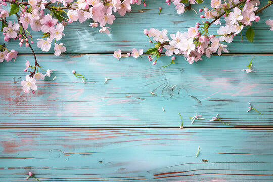 Spring border or background art with pink blossom. Beautiful nature scene with blooming tree and wood backdrop in pink and teal colour. Easter concept by Vita