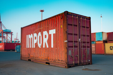 Fototapeta premium The word import on the side of a global shipping container. Business and trade concept