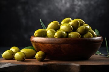 Many fresh and ripe green olives in wooden bowl, healthy food concept. Generative Ai.