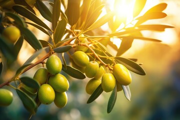 Fresh bio green olives in olives tree farm, healthy bio food with sunset. Generative Ai.