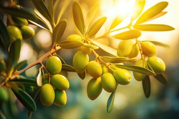Fresh bio green olives in olives tree farm, healthy bio food with sunset. Generative Ai.