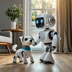 Android bawiący się w salonie z robotem przypominającym psa