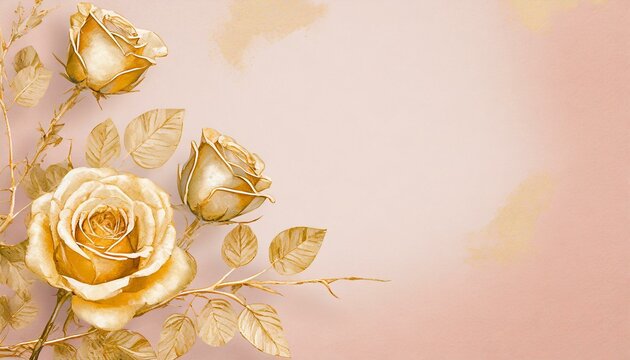 Golden roses forming an ornament on a pink background

