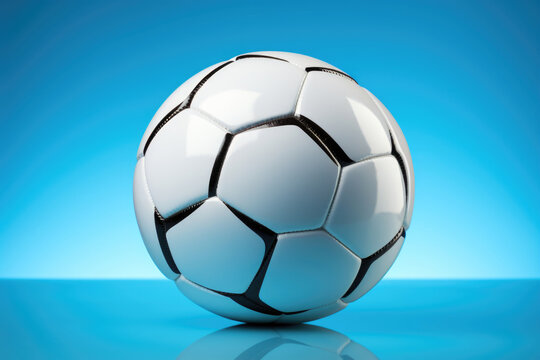 A photo of Soccer ball or foot ball on light blue background Generative AI
