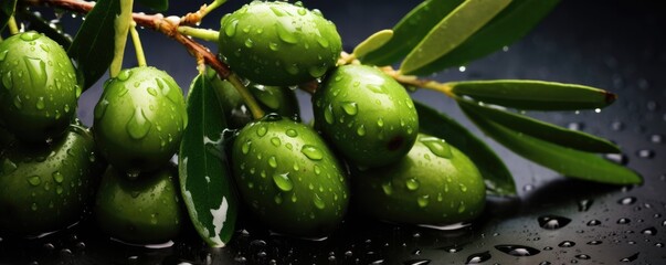 Many fresh and ripe green olives with detailed water drops, bio food panorama banner. Generative Ai.