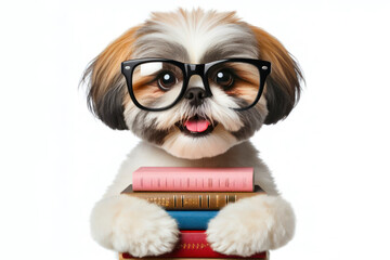 funny smiling Shih Tzu dog school with glasses hold books on solid white background. ai generative