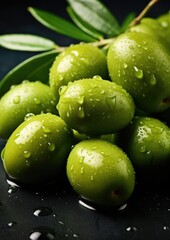 Obraz premium Many fresh and ripe green olives with detailed water drops, bio farm food concept. Generative Ai.