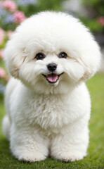 Adorable perrito blanco y feliz de la raza Bichon Frize, en un jard&iacute;n con flores.