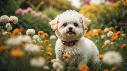 Adorable perrito blanco y feliz de la raza Bichon Frize, en un jardín con flores.