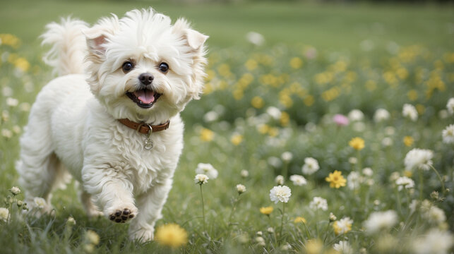 Adorable perrito blanco y feliz de la raza Bichon Frize, en un jard&iacute;n con flores.