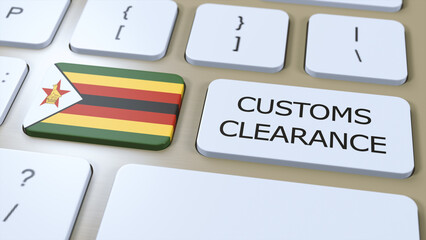 Zimbabwe National Flag and Text Customs Clearance on Button 3D Illustration - obrazy, fototapety, plakaty