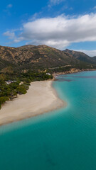 Obraz premium Aerial drone footage of the crystalline sea of ​​Sardinia. Tuerredda beach and white sand.
