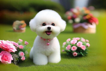 Adorable perrito blanco y feliz de la raza Bichon Frize, en un jardín con flores.