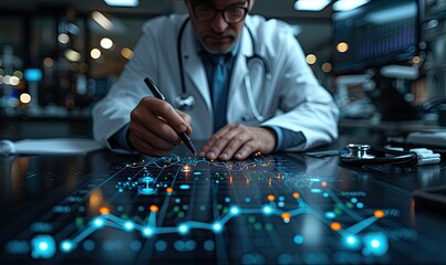 A healthcare professional examines detailed medical statistics on paper enhanced with digital data visualization, signifying modern medical analysis.
