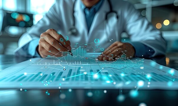 A healthcare professional examines detailed medical statistics on paper enhanced with digital data visualization, signifying modern medical analysis.