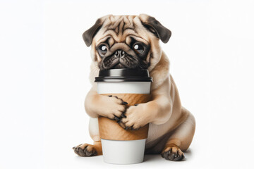 Pug dog hugs a coffee isolated on a white background. ai generative