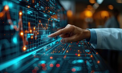Close-up of a professional analyzing complex financial data on a futuristic digital touch screen interface with graphs and indicators.