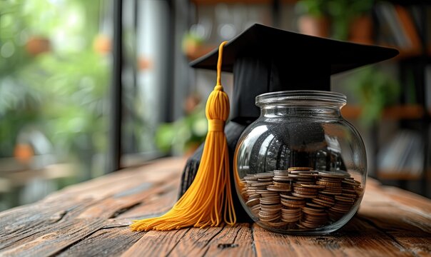 A graduation mortarboard on top of a glass jar filled with coins on a wooden table, symbolizing investment in education and saving for college.