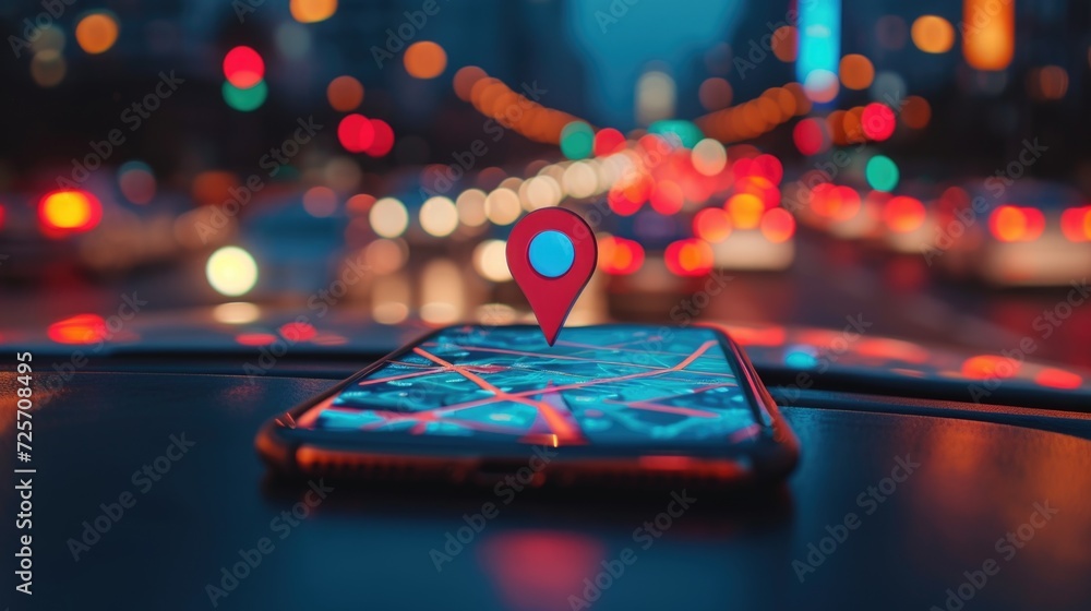 Poster A cell phone sitting on top of a car dashboard. Can be used to depict modern technology and connectivity in a vehicle