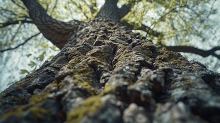 A tree with moss growing on its bark. Can be used to depict nature, environment, or a tranquil setting