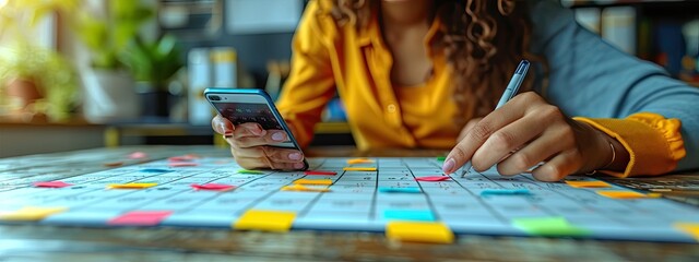 A person is organizing a schedule with colorful sticky notes on a calendar while holding a smartphone, indicative of modern multitasking.