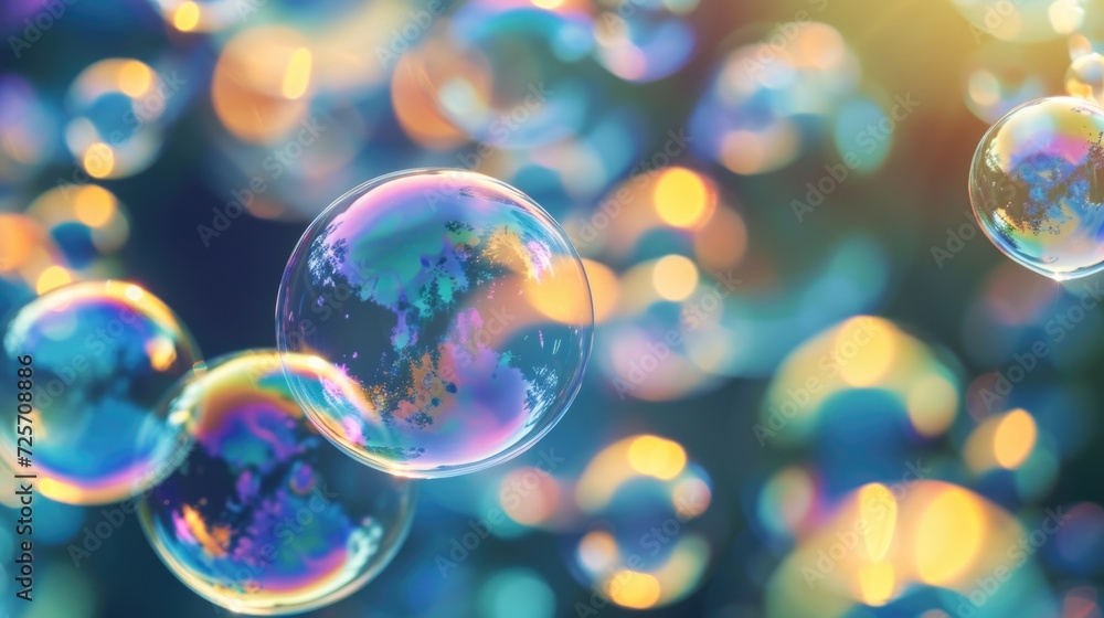 Poster Soap bubbles floating in the air. Perfect for adding a touch of joy and playfulness to any project