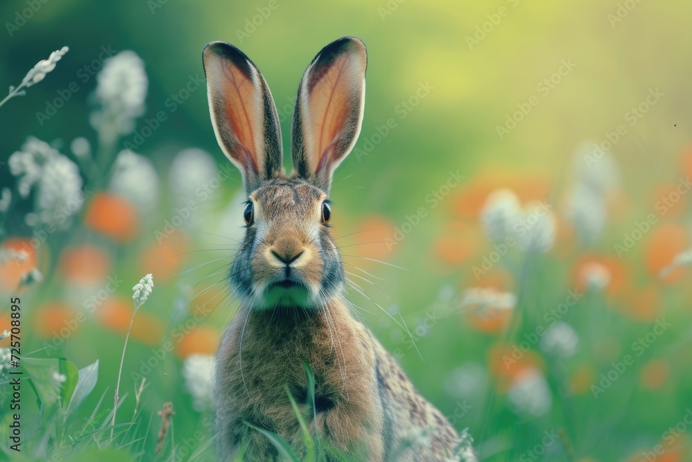Poster a close up of a rabbit surrounded by a field of colorful flowers. perfect for nature lovers and anim