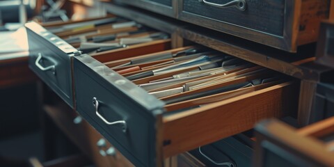 A drawer filled with files and an assortment of knives. This versatile image can be used to depict organization, tools, or even danger - obrazy, fototapety, plakaty