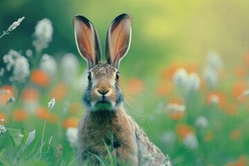 A close up of a rabbit surrounded by a field of colorful flowers. Perfect for nature lovers and animal enthusiasts