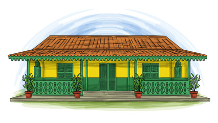 Rumah Betawi Traditional Betawi Jakarta Indonesia House Cartoon Hand Drawn Illustration
