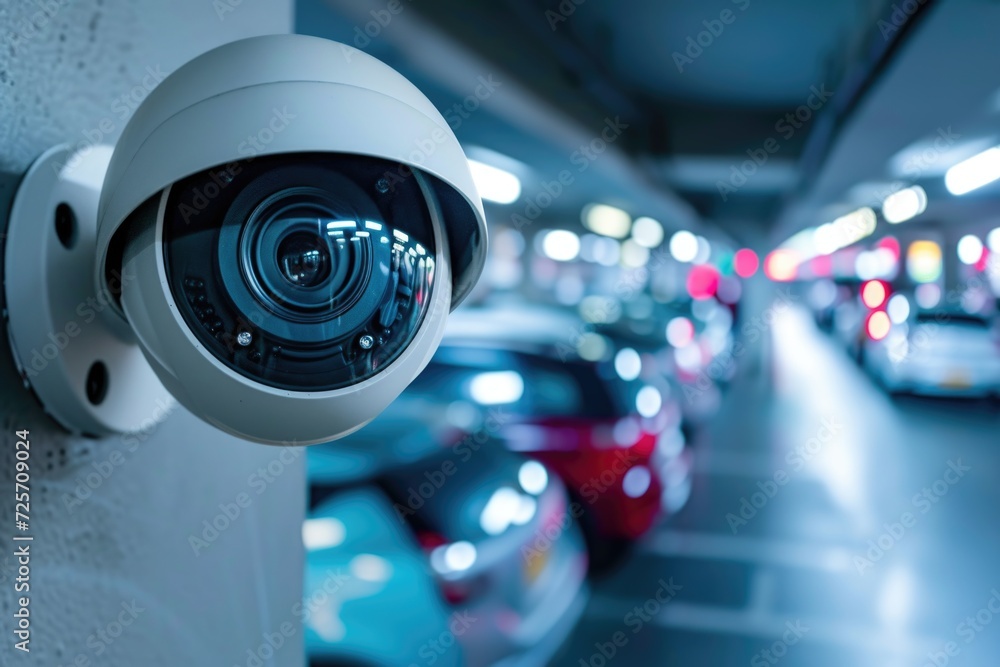 Poster a security camera mounted on the side of a building. can be used for surveillance and monitoring pur