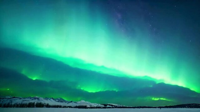 northern lights dancing in the sky, aurora borealis over snowy mountains
