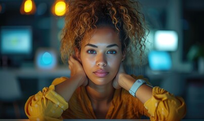 Fototapeta premium A young female professional with a bright smile, wearing casual office attire, confidently posing in a contemporary workspace setting.