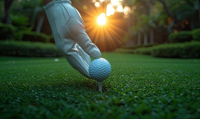 Close-up of a golfer's hand in a glove placing a golf ball on a tee on a dewy morning, with the sun rising over the course. - obrazy, fototapety, plakaty
